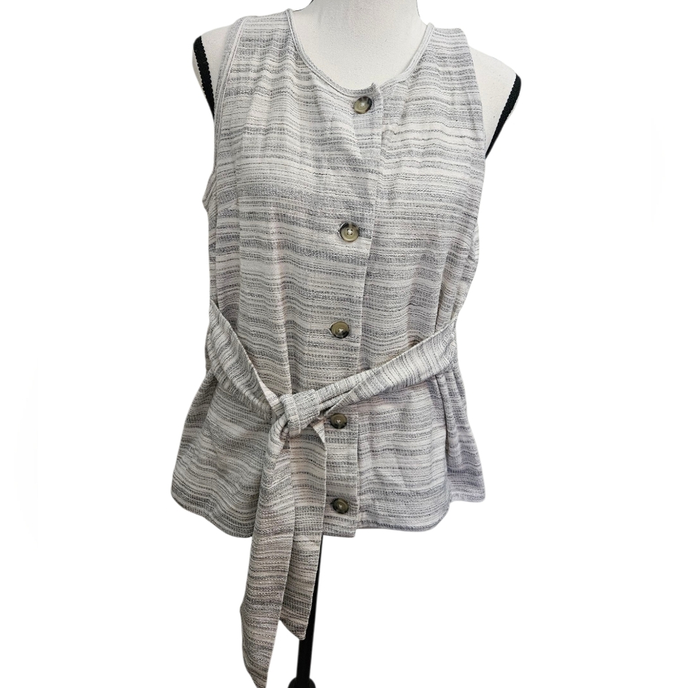 Lucky Brand Textured Stripe Button-down Sleeveless Tie Front Tank Cotton Sz L